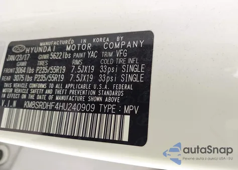 2017 Hyundai Santa Fe Limited Ultimate из США, поврежденный, VIN KM8SRDHF4HU240909